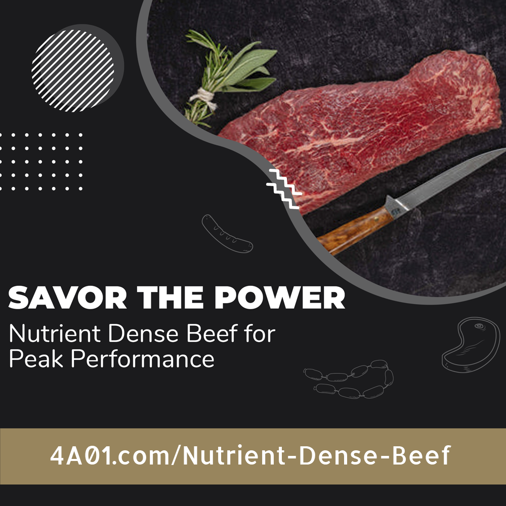 Picture of a Beautiful steak with herbs and the words Savor the Power of Nutrient Dense Beef for Peak Performance. 