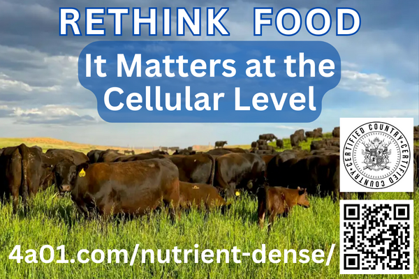 Picture of cattle grazing open range with the words Rethink Food, It matters at the cellular level.