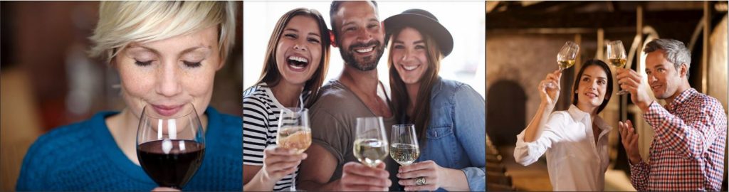 three pictures of people sharing wine