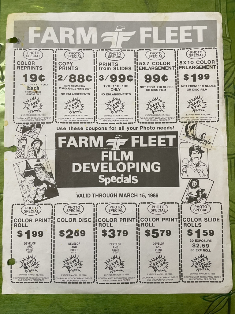 Picture of a 1986 Farm & Fleet Film Developing Ad. It is the paper that I copied the recipe on that almost got me fired!