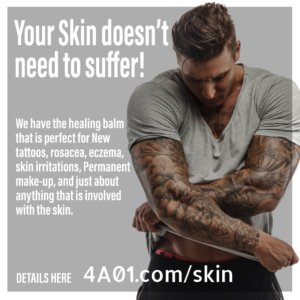 Man Tattoo Meil Your Skin doesn't need to suffer! Picture of a man with tattoos needing to use this healing balm