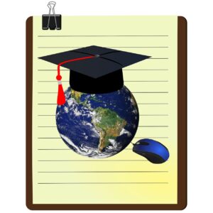 Picture of the world with a graduation hat on and a mouse to indicated the world can be educated through an online charter school